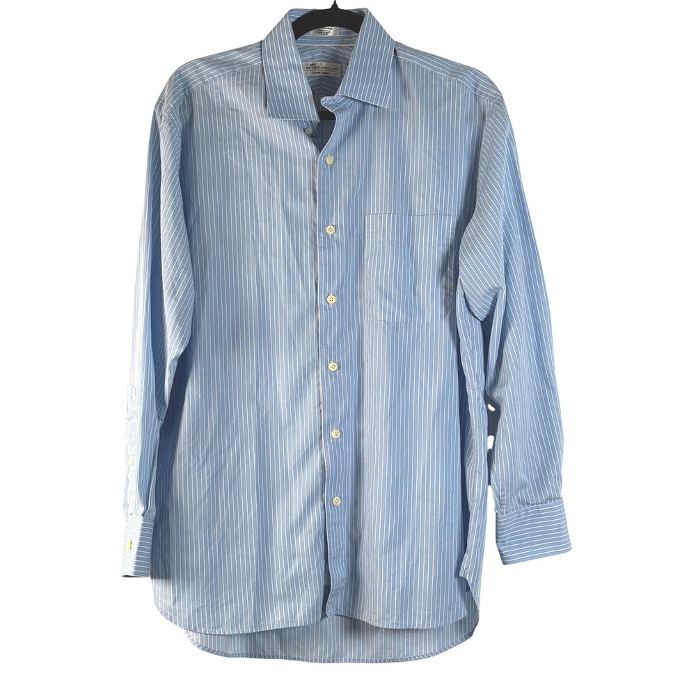 Peter Millar Crown Finish Mens Blue White Striped Cotton Dress Shirt 16 Regular